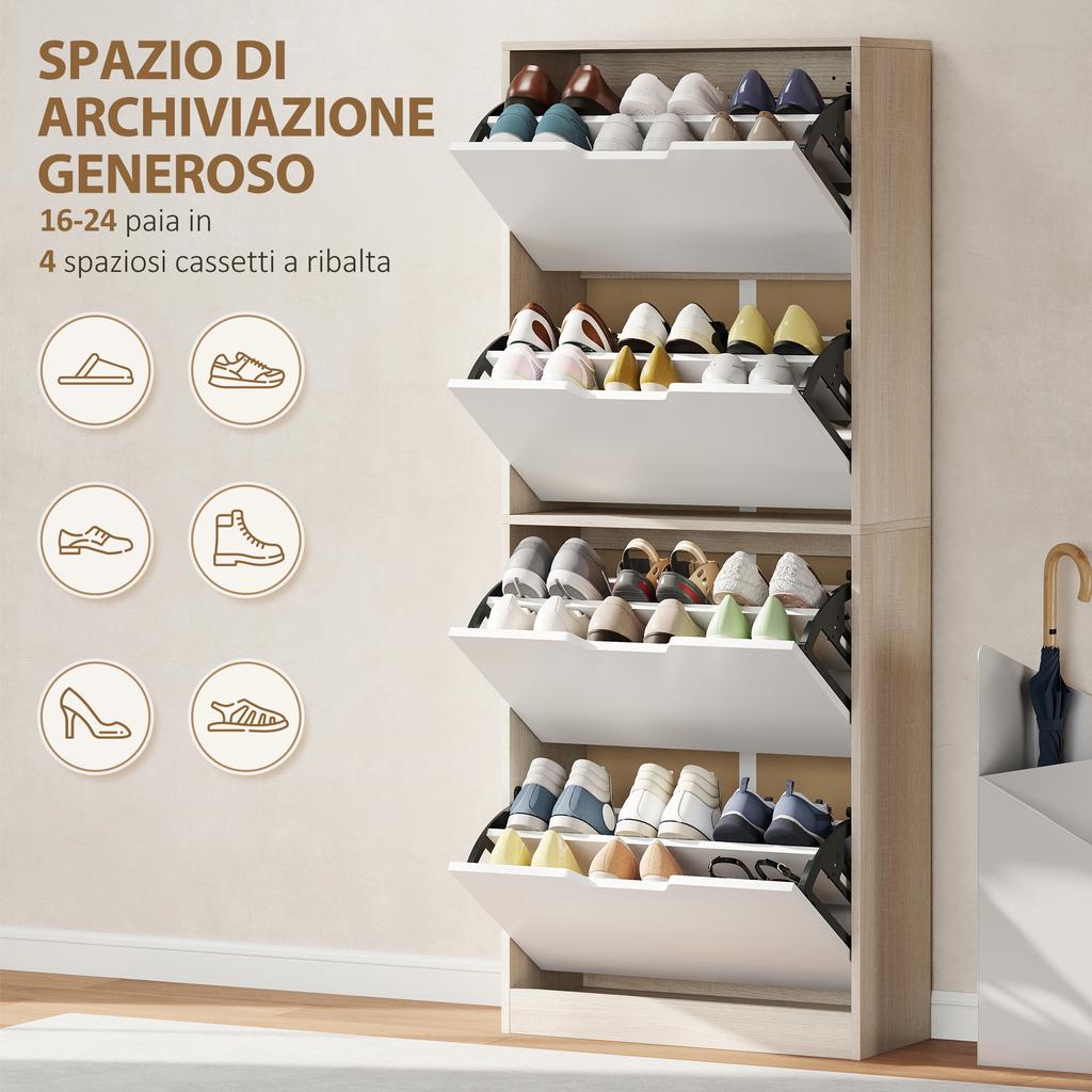 Slim Space-Saving Shoe Cabinet with 4 Drawers for 20 Pairs of Shoes 62.5x26x156 Cm, Wood Colour and White