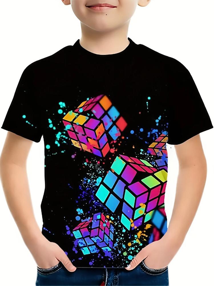 Puzzle Cube Fashion Cube Pattern T-Shirt Summer Boys and Girls Short Sleeve Top Children s Clothing 100
