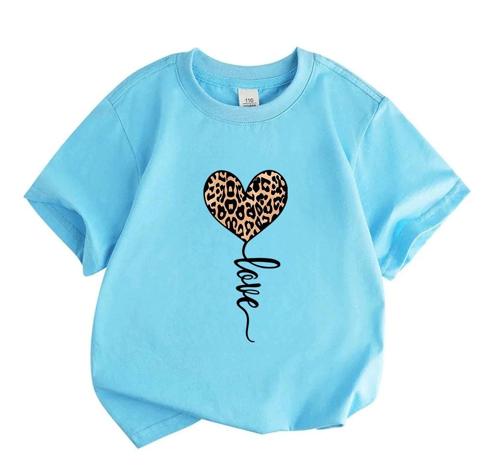 Kids Boys Girls 100% Cotton Crew Neck Short Sleeve T-Shirt, Cute Leopard Print Heart Balloon Casual Summer Tee Tops for Children Daily Wear