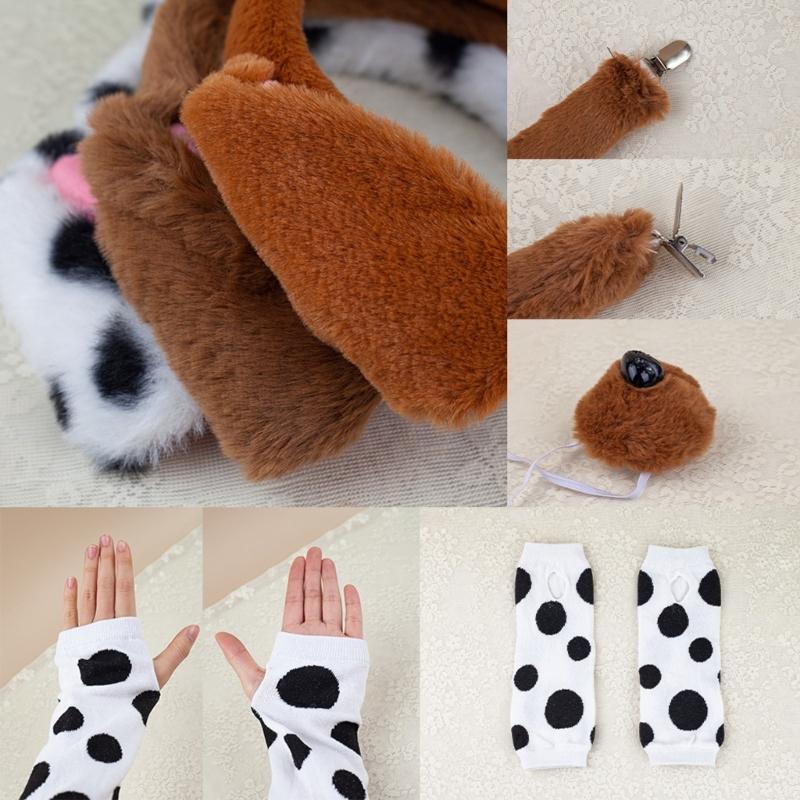 Dog Tail with Dog Ear Headband Nose Tail Skirt Bowtie Halloween Dog Costume for Children Teen Adult Cosplay