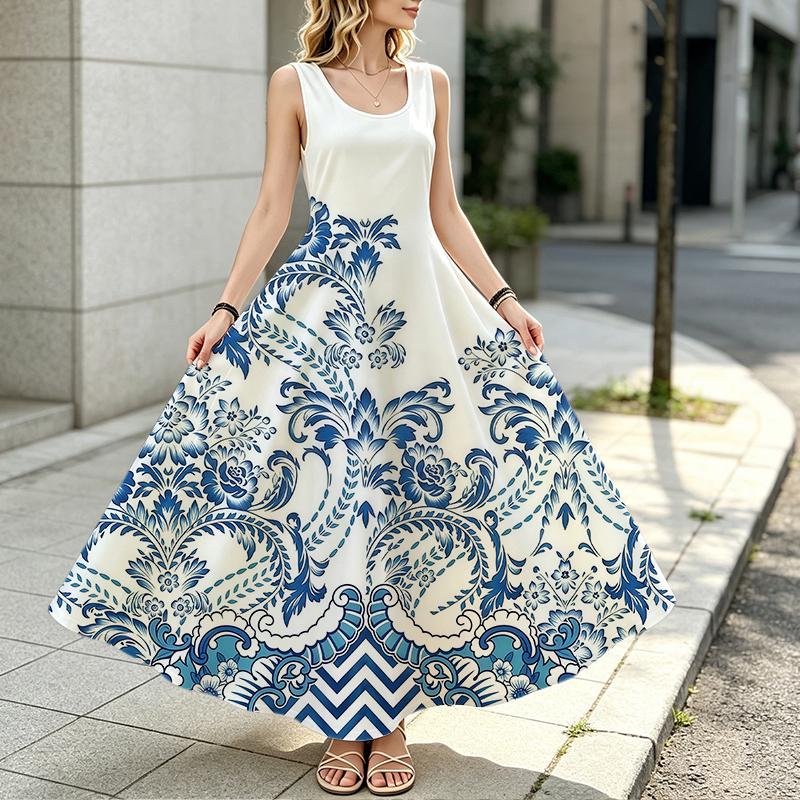 Women’s Blue White Floral Sleeveless Flowy Maxi Dress Soft Comfy Fabric,Versatile Vacation Resort Style,Ideal for Summer Daily Casual Outings
