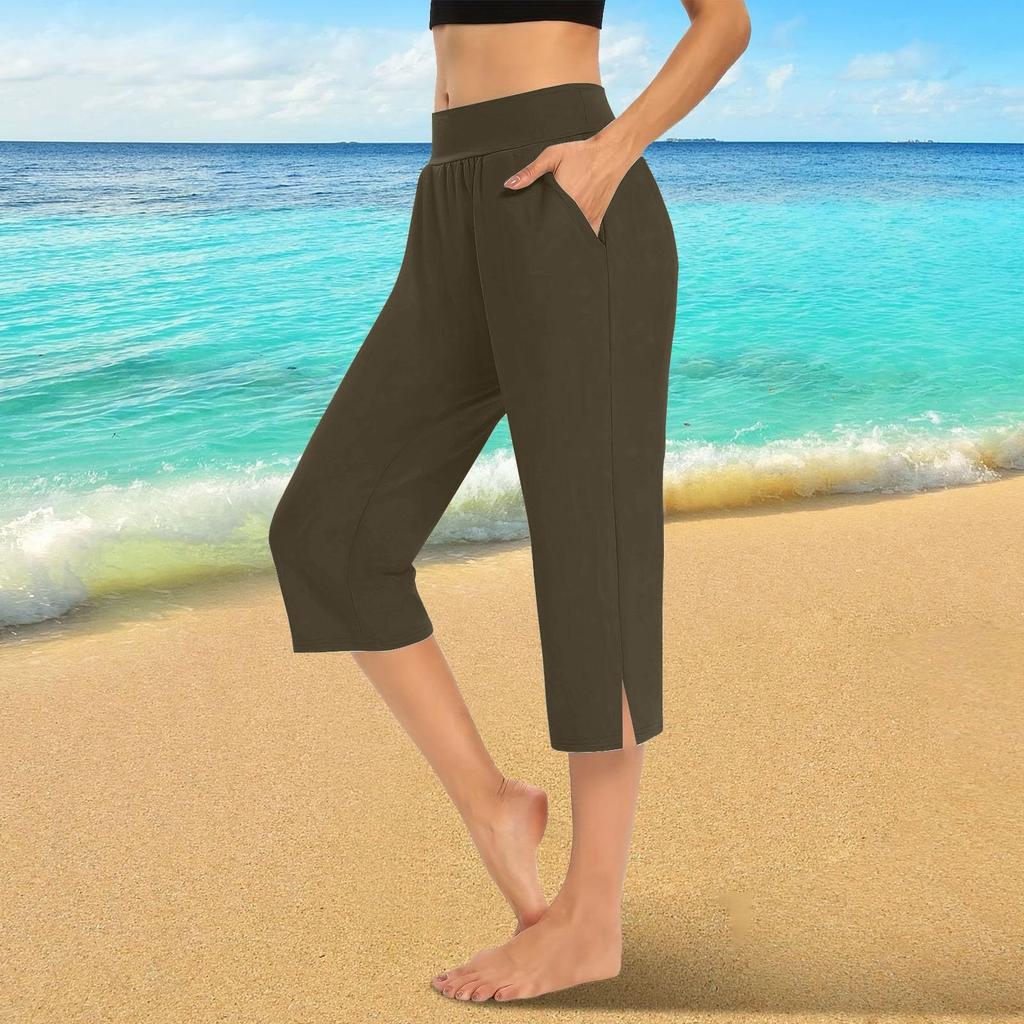 Women  Elastic High Waist 3/4 Pant Casual Active  Fit Wide Capris Leg Pants Trousers With Pockets