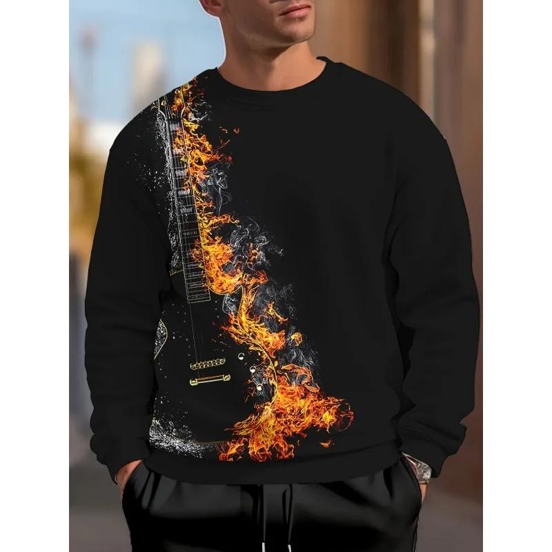 Spring and Autumn Round Neck Guitar Graphic 3D Printed Top Fashionable Casual Long Sleeved Men's T-shirts
