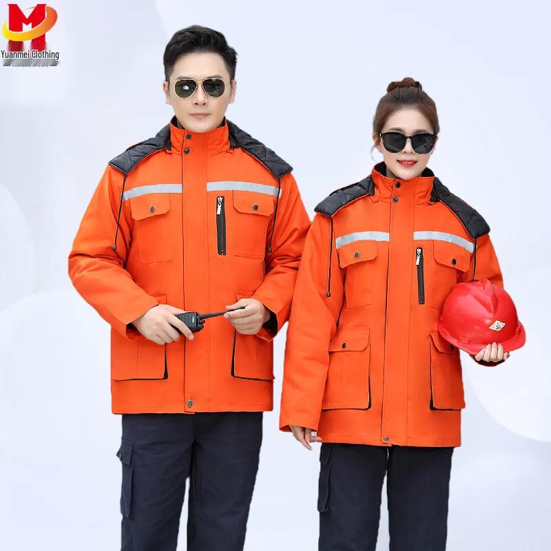 Winter Thermal Work Coat with Reflective Stripes - Insulated, Cold-Proof, Durable for Warehouse & Logistics.