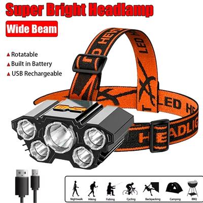 Lampada Frontale a 5 LED Ricaricabile con Batteria 18650 Integrata Lampada Frontale Luce Forte Campeggio Avventura Pesca Lampada Frontale Torcia