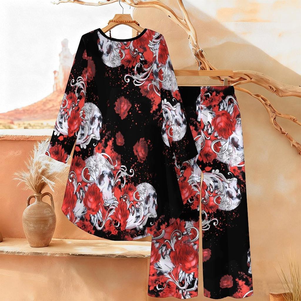 Halloween Print Two Piece Outfit Women Long Sleeve Irregular Hem Tunic Top Wide Leg Pants Casual Matching Set
