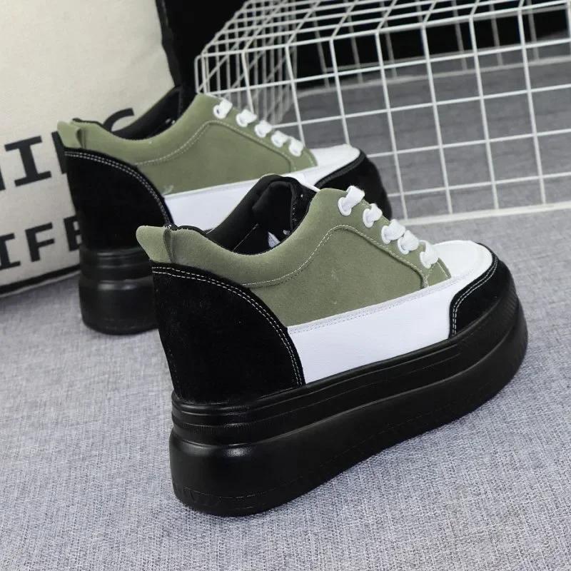 Fashion 2025 Spring New Mixed Color Shoes 10CM Women's Shoes with Thick Bottom Height Increase All-match Slim Black Casual Sports Shoes