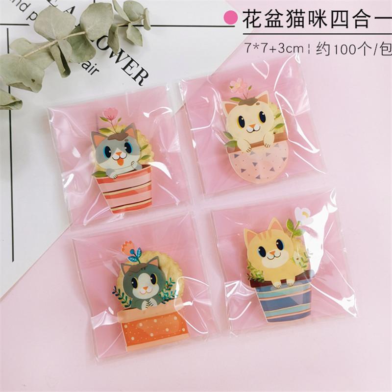 100 Pcs 7x7+3cm Plastic Cartoon Self-Adhesive Bag Bakery Packaging Cookie Snack Candy Bags For Wedding Party Gift