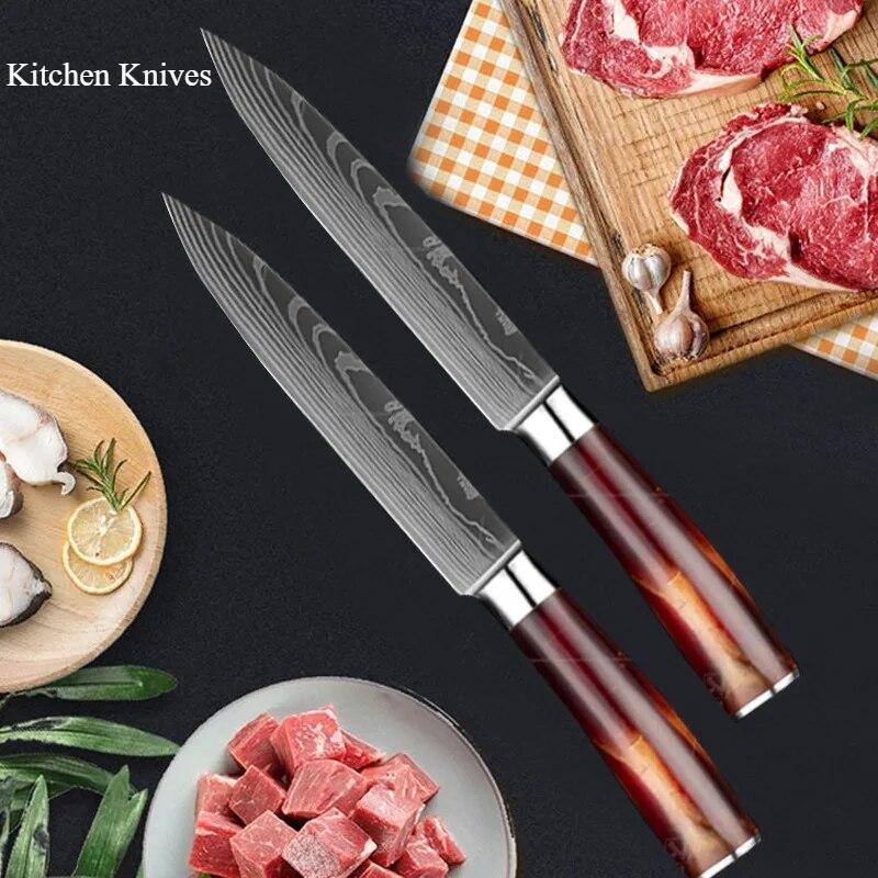 Damascus Laser Cut Chef's Knife Kitchen Knife Set Red Resin Handle Fruit Knife Carving Knife Handy Home Slicing Knife