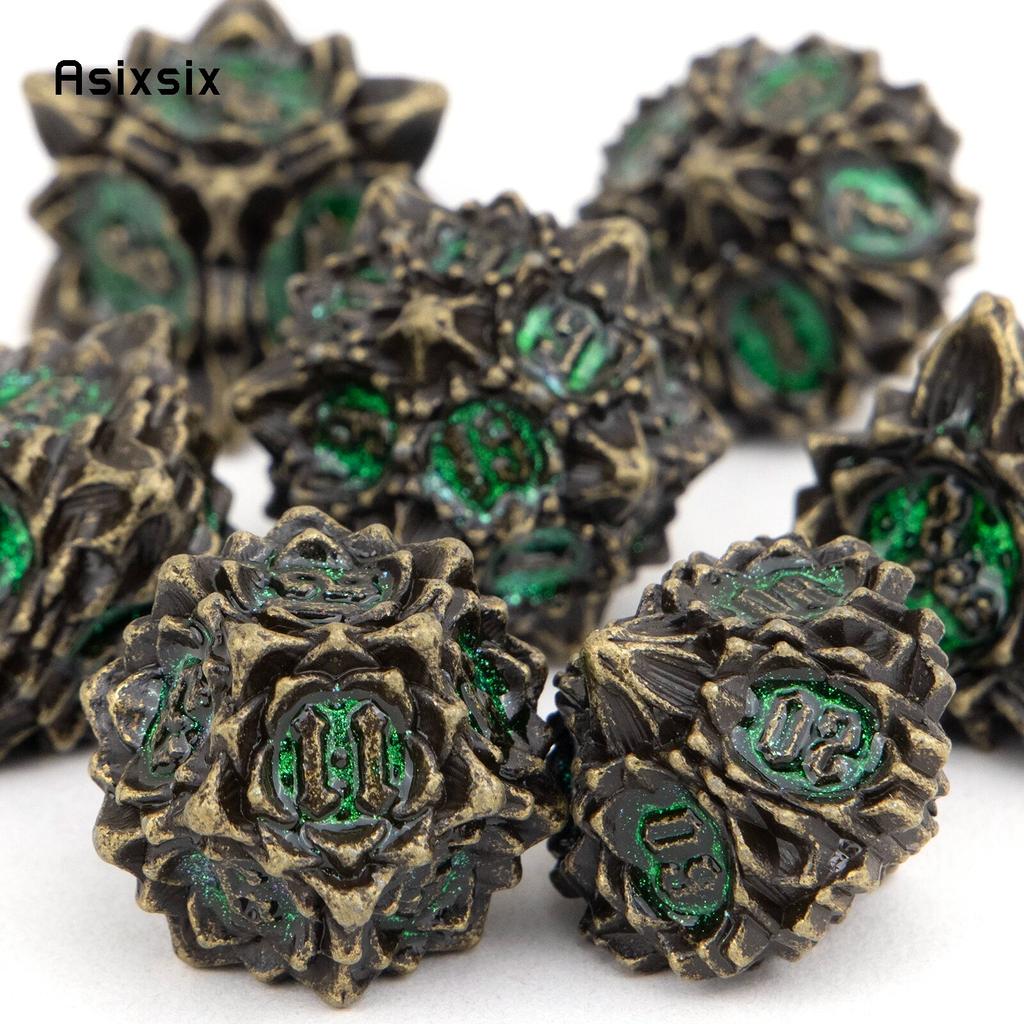 7 Pcs Copper Green Lotus Flower  Metal Dice Solid Metal Polyhedral Dice Set Suitable for Role-Playing RPG  Board Game Card Game