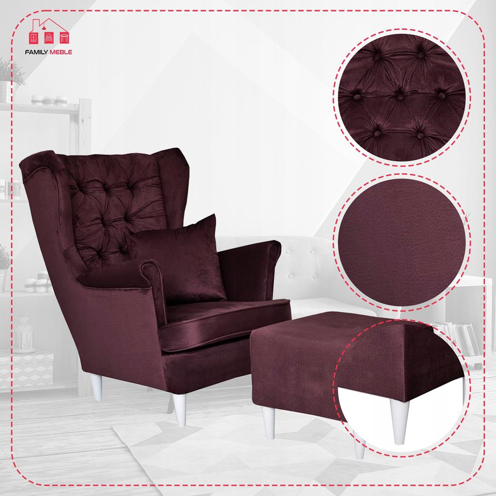 Gaja Wing Chair with Footrest Scandinavian Family Meble Burgundy Velvet