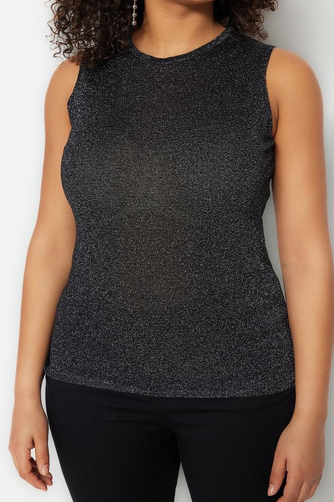 Women's Style Plus Size Black Body-hugging Fine Knitwear Shiny Blouse