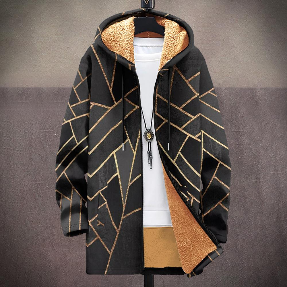 New Jacket: Multi-colored Pattern Elements, Zipper Hooded Cardigan, Thickened Winter Fleece Padded Clothes, Yellow Lining, Trendy Cotton Clothes