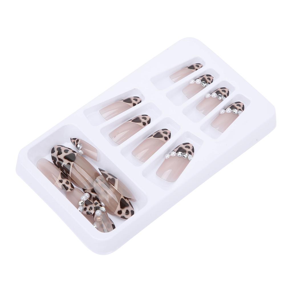 24pcs Leopard Print Faux Pearl False Nails Girls Full Cover Fake Nail Tip Manicure Tool