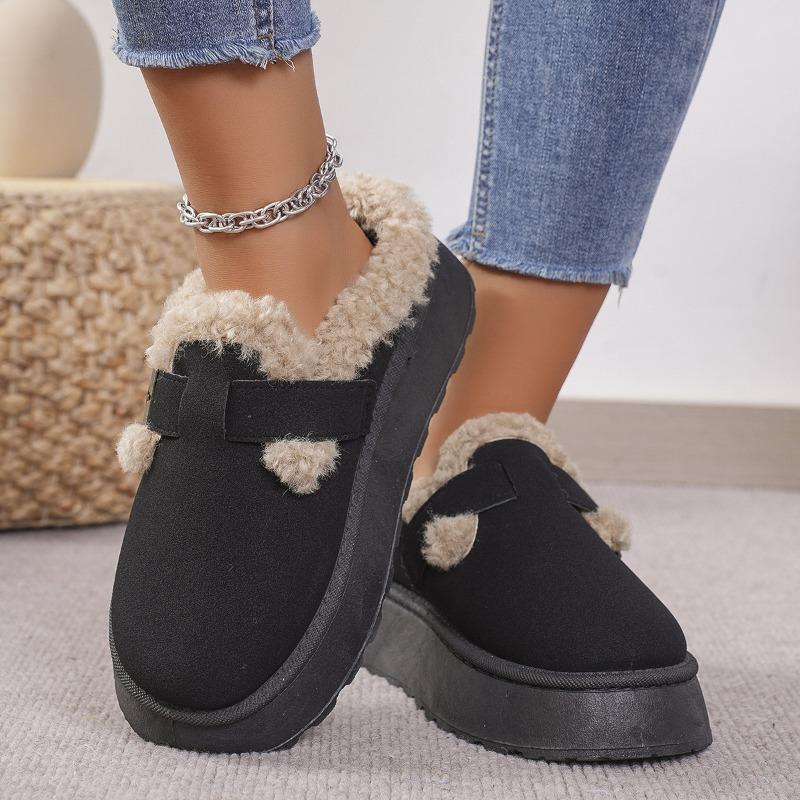 Fashionable Fall/Winter Thick-Soled Fuzzy Buckle Warm Cotton Slippers - Casual Oversized New Style Women's Shoes