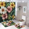 Bathroom Rugs And Shower Curtain Sets, Tropical Leaf And Flower Pattern Printed On Bathroom Shower Curtain Sets With Rugs