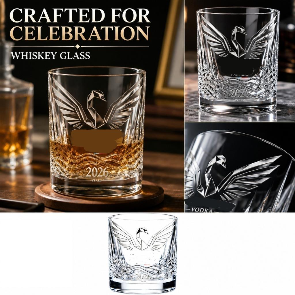 Crystal Whiskey Glass with Engraved Swan and Wave Design 2026 Anniversary Edition Heavy Base Old Fashioned Glass Suitable for Spirits and Cocktails