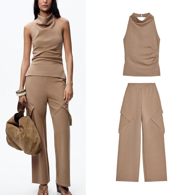 Off-the-Shoulder Hanging Collar Casual Tops 4174182 Cotton Blended Overalls Wide Leg Mid Waist Pants 4174183