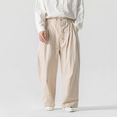 Chinese Style Loose Wide Leg Pants Men Spring Summer Cotton Linen Casual Trousers Mens Harajuku Vintage Elastic Waist Pants