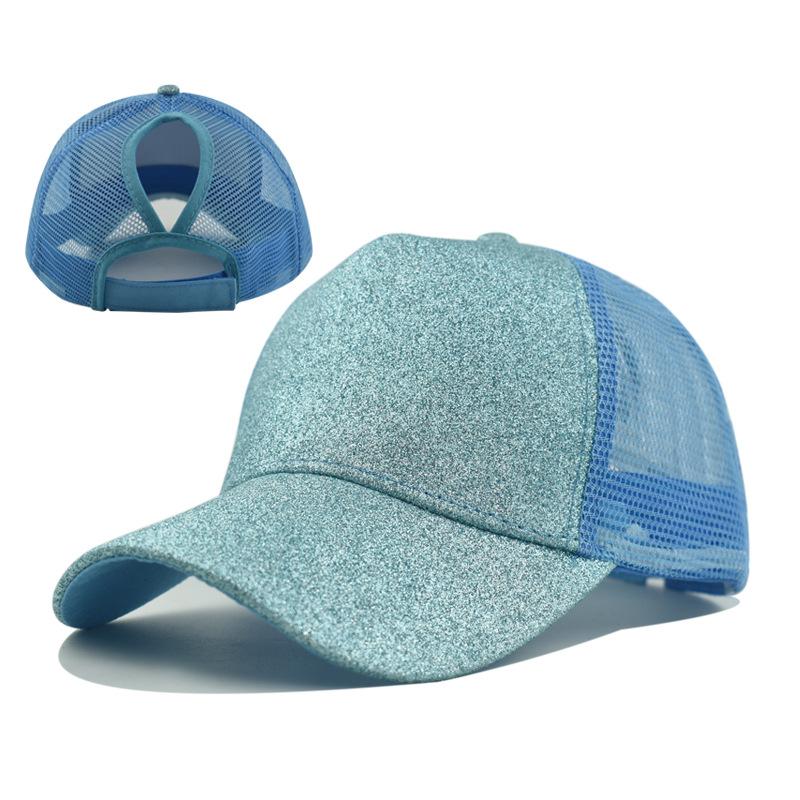- Sequined and Mesh Fabric Baseball Cap with Exposed Ponytail. Available in Multiple Colors and Suitable for Summer.