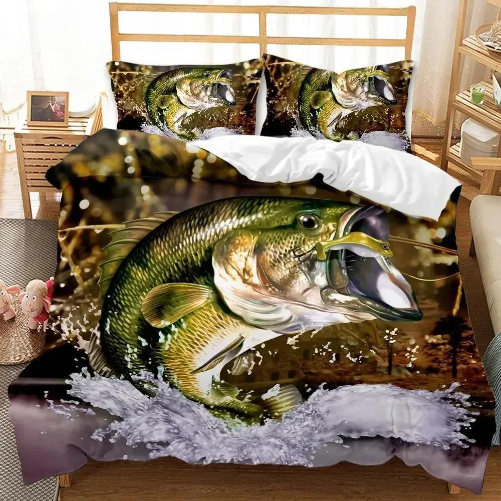 Pike Fish Bedding Striped Bass Big Pattern Hunting And Fishing Themed Duvet Cover For Kids Boys BedRoom Decorations For Teens