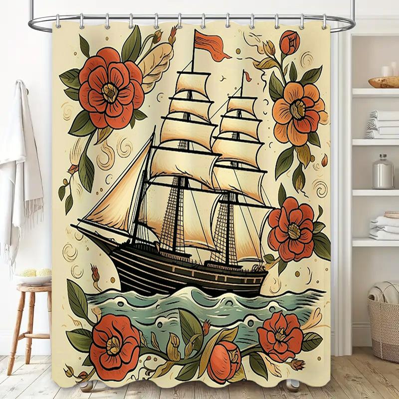 Vibrant Sailboat Floral Shower Curtain for Bathroom Decor Modern Vintage Nautical Theme Bath Mat Cover Set Home Decoration (Mult