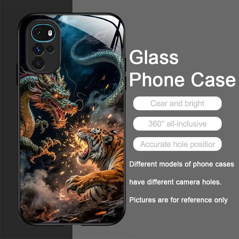 Shiny Golden Dragon and Tiger Pattern Tempered Glass Phone Case for Motorola Moto G85 G84 G75 Edge 50 Fusion 40 Neo 30 Pro Cover
