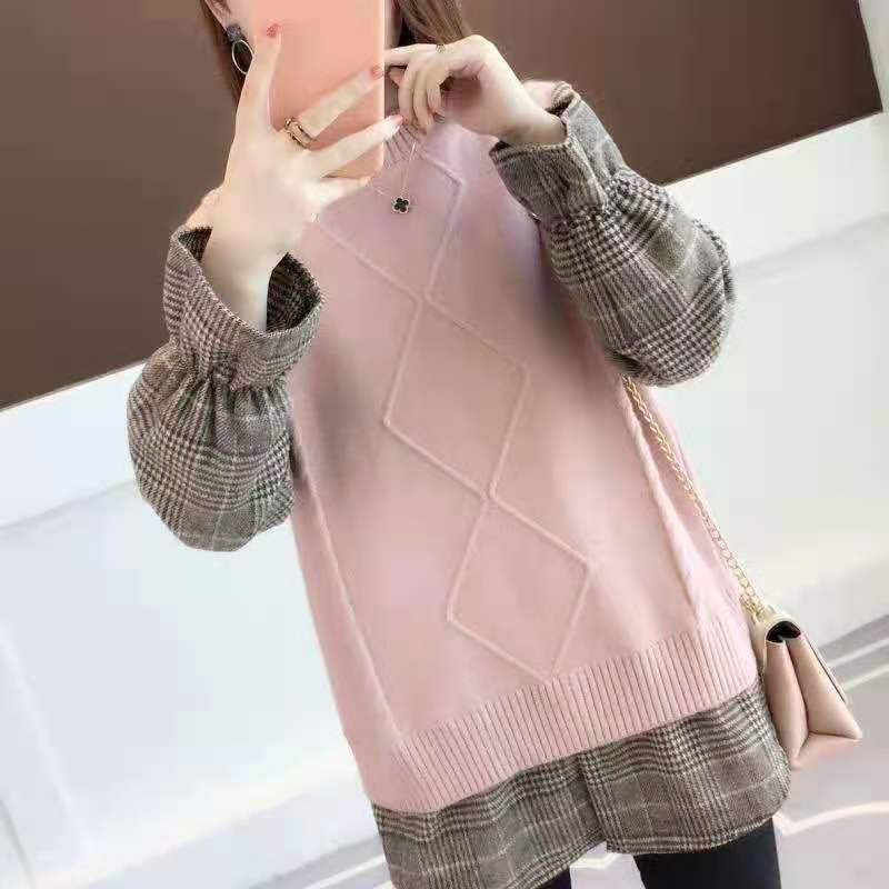 Damskie zimowe swetry dwuczęściowe z dzianiny College Wind Swetry z długim rękawem Luźne patchworkowe swetry projektantów Topy