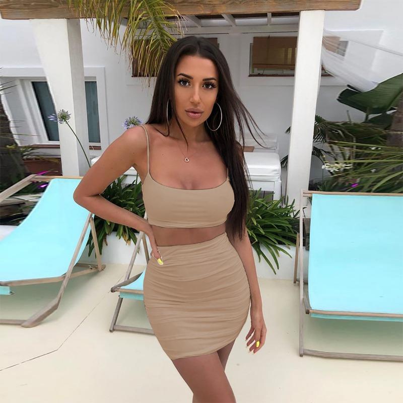 Women's Sexy Halter Small Vest Pleated Wrap Hip Skirt Two-piece Set