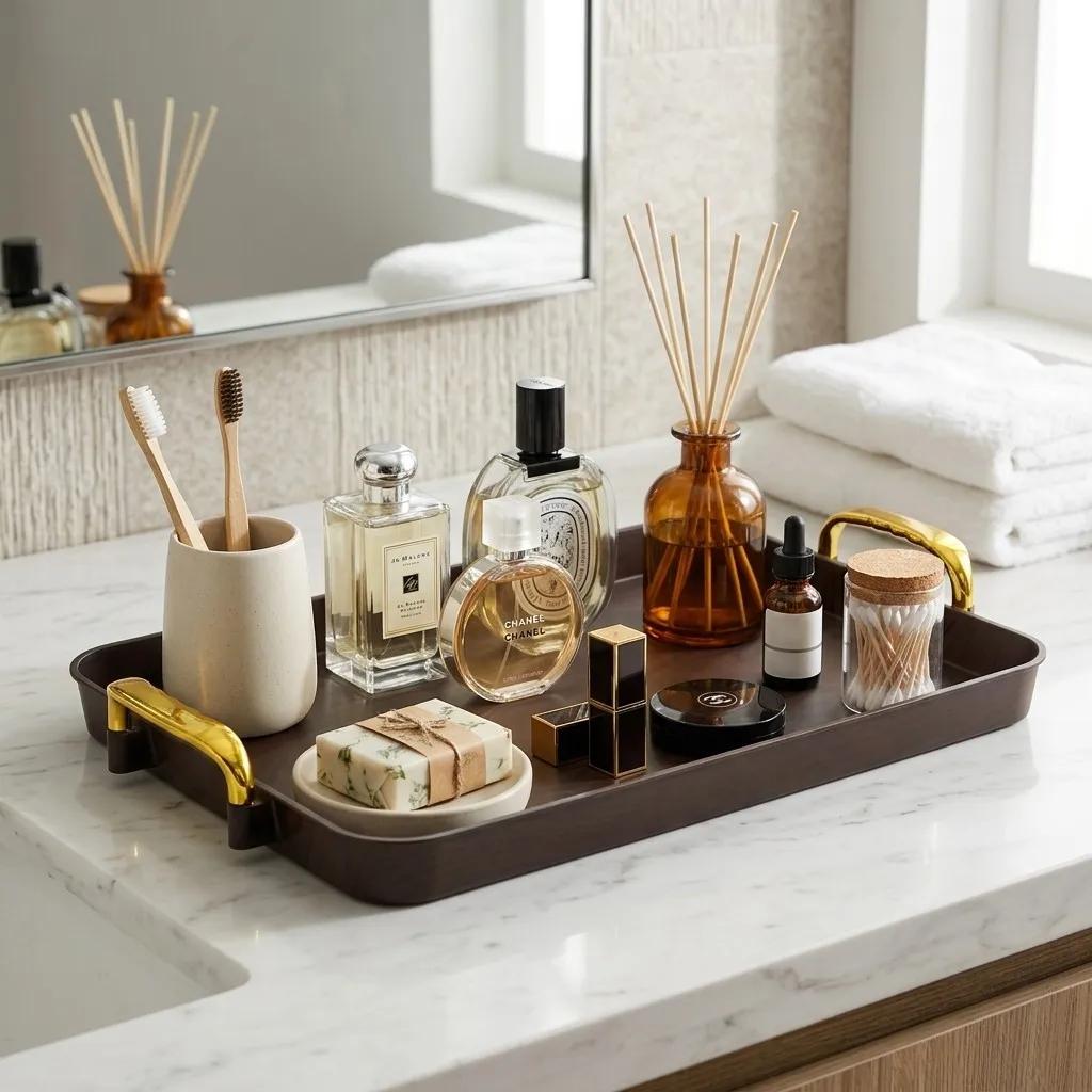 Plastic Makeup Organizer Vanity Tray Bathroom Sink Counter Storage Cosmetic Perfume Stand Skincare Waterproof With Handle