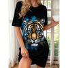 Summer Women's Home Dresses Casual Short Sleeved Round Neck Tiger Loose Dress