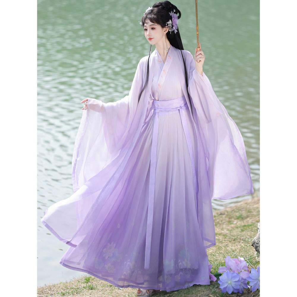 Chinese Wei And Jin Dynasty Style Purple Wide-sleeved Cross-neck One-piece Skirt Daily Suit