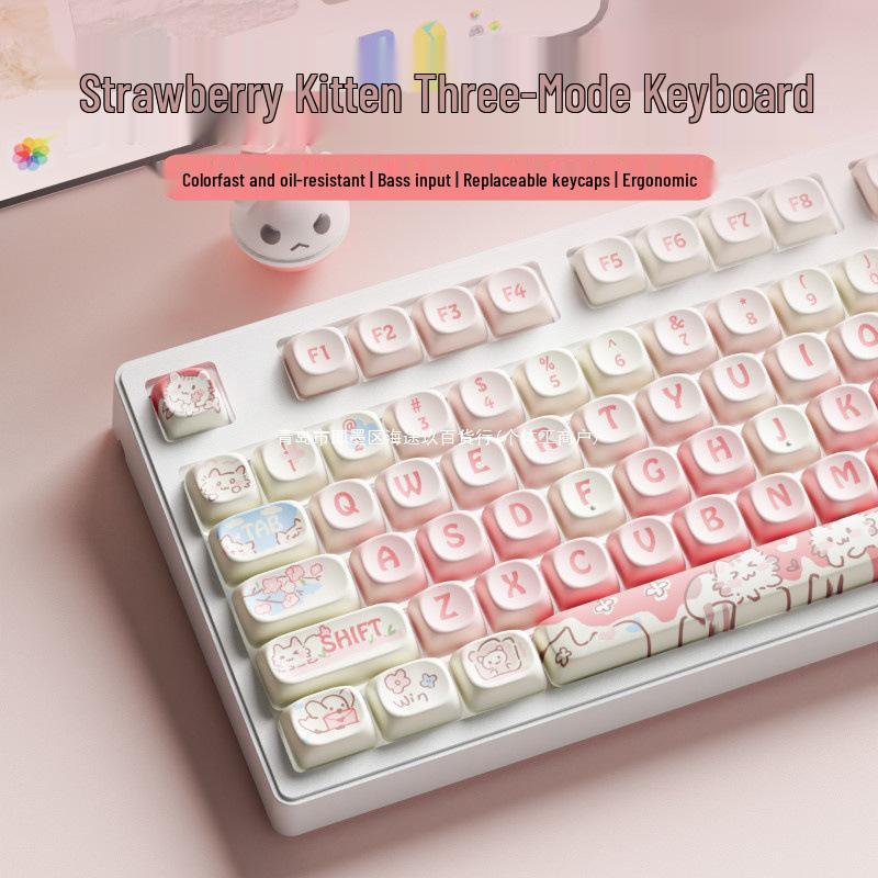 Strawberry Kitten Wireless Bluetooth Mechanical Keyboard with Universal Switches - Silent Design for Office and Gaming
