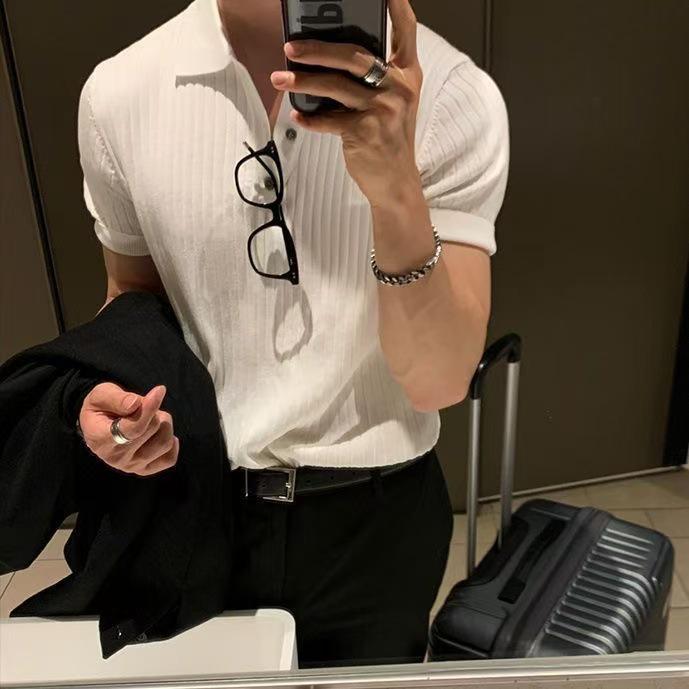 Men's Summer Slim Fit Polo Shirt - Korean Style, Turn-Down Collar, Solid Color, Casual Thin Knit