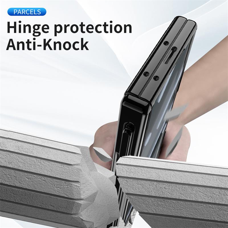 For Samsung Galaxy Z Fold 6 5 4 3 Transparent Plating PC Hinge protection Full Body Stand Pen Slot Case with Tempered Glass