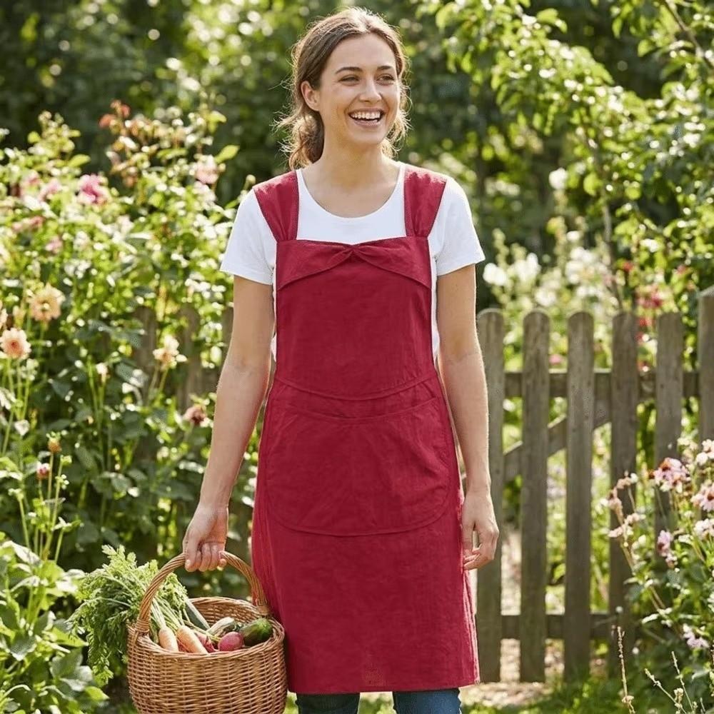 Solid Color Women Apron Large Pockets Adjustable Bow Strap Kitchen Apron Long Length Anti-Stain Anti-Stain Apron For Cooking
