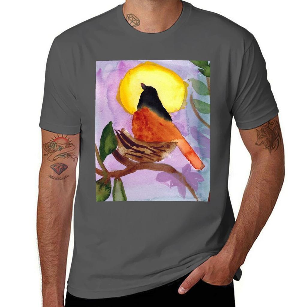 A Bird Sitting On Nest Against The Sunset Tshirt Large Size Casual Short Sleeve Top