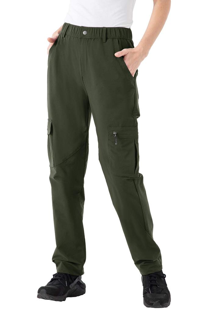 Gopune Women's Trekking Pants, Water-Repellent Quick-Dry Stretch Cargo Pants for Hiking, Golf, Camping, Fishing, UV-Cut Cooling Lightweight (Green, 2L