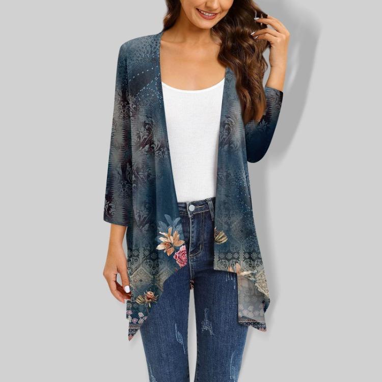 Damen Dreiviertelarm Strickjacke Jacke mit Tasche Unregelmäßiger Druck