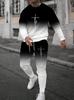 Men's Trendy Gradient Color Paris Letter 3D Print T-shirt Pants Set For Men Fashion Outdoor Long Sleeved Pullover Jogging Outfit