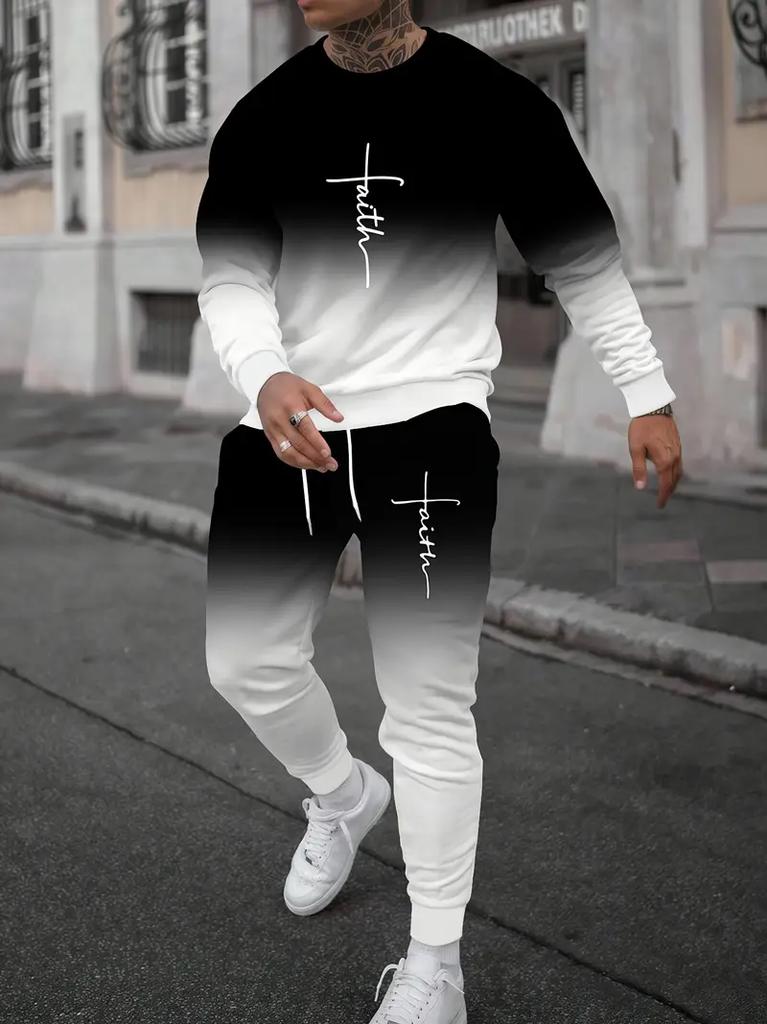 Men's Trendy Gradient Color Paris Letter 3D Print T-shirt Pants Set For Men Fashion Outdoor Long Sleeved Pullover Jogging Outfit