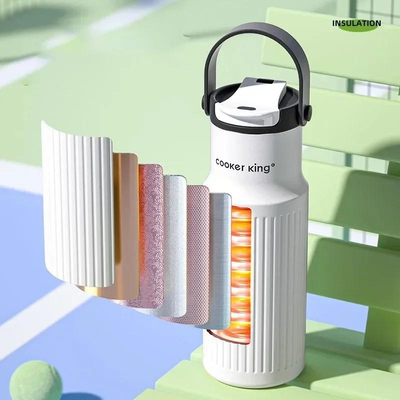 COOKER KING 650ml Handheld Thermos Cup Straw Vacuum Flask Stainless Steel Coffee Mug Leak-proof Outdoor Sports Water Bottle