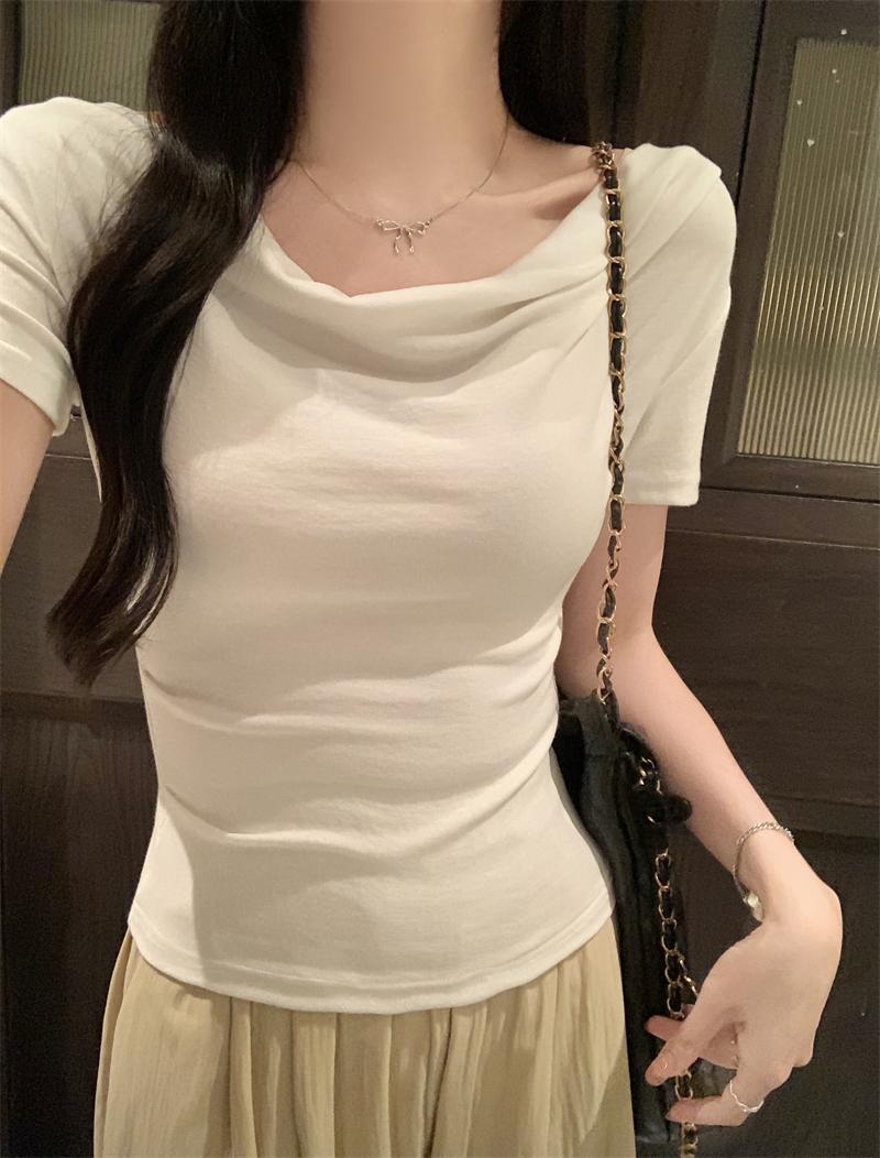 

Pure Desire Sle с открытыми плечами и короткими рукавами, женская футболка с отложным воротником, новые летние женские облегающие топы Design Sense, белые шикарные топы M белый