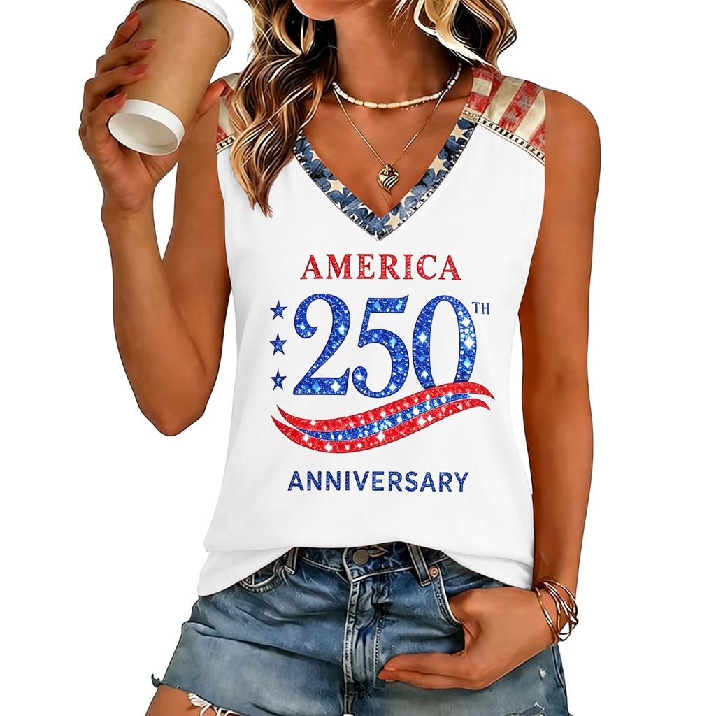 Womens V Neck Short Sleeve T Shirt Casual Fit Letter Print Top Comfortable Lightweight Pullover Tee America 250 Anniversary Design