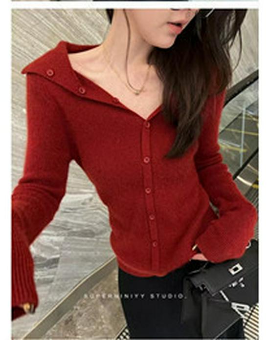 Women's Elegant Navy Collar Pure Wool Knit Cardigan Sweater