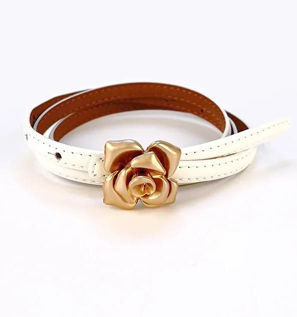 1.0cm New Unique Rose Genuine Leather Gold Belt Women Fashion Cowskin Flower Thin Belts Female Jeans Dress Waistband