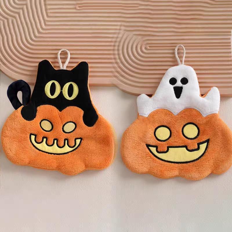 Coral Velvet Hand Towel Halloween Pumpkin Hanging Type Kitchen Towels Bathroom Absorbent Quick Drying Hand Towels Wholesale