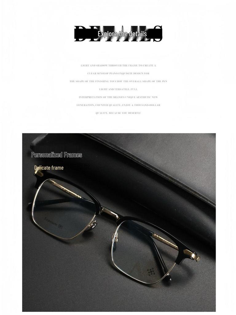 Men's PUNK Retro Titanium Eyebrow Half-Rim Glasses Frame, Large-Face Fit