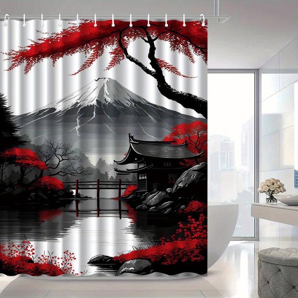 1 pièce Peinture de paysage style ancien à l'encre Rideau de douche paysage, Rideau de salle de bain élégant haut de gamme, Décoration de salle de bain