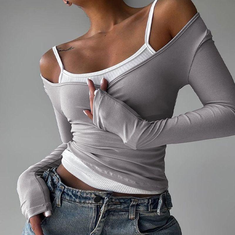 

Gusty American Style Sexy Style Versatile Basic Sling + Chic Sweet and Spicy round Neck, Slim-Fit, Long-Sleeved T-shirt Tops Winter Grey L